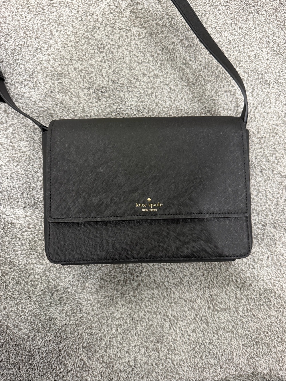 kate spade Black Leather Flap Crossbody with Gold Logo